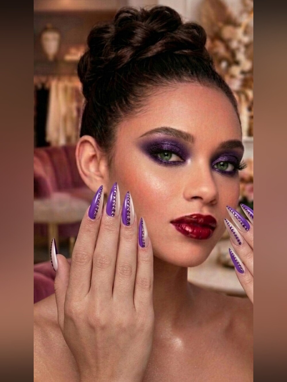 3/$40 Boop Nails Custom Purple Almond Press On Nails Bling Amethyst Rhinestone - Picture 5 of 5